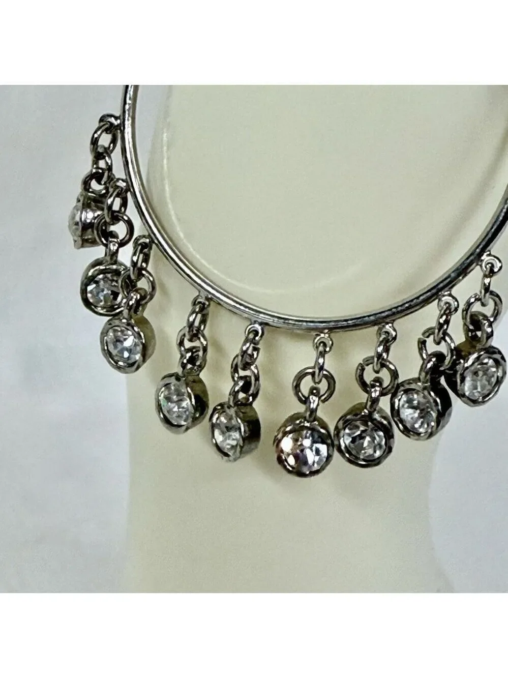 Silver Tone Large Hoop Dangle Rhinestone Earrings